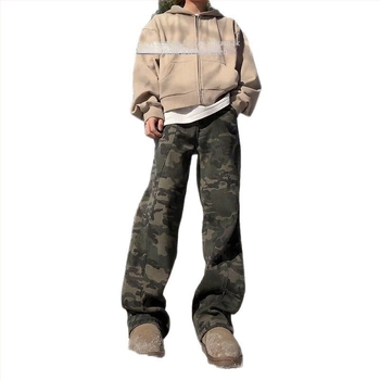 Nadrágok (Amerikai stílusú kamuflált munkaruha denim; fleece-lal bélelt; egyenes szárú; középmagas derekú; cipzáras zárás)