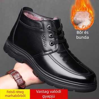 Férfi téli bőr- és szőrme papucs, egyrészes szőrme felsőréteg, pamut bélés, műanyag talp, slip-on, sík sarok