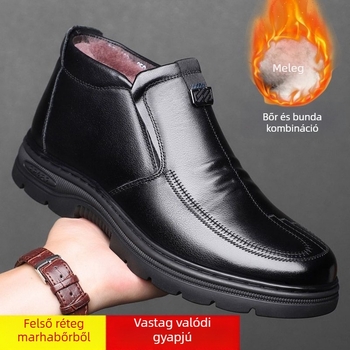 Férfi téli bőr- és szőrme papucs, egyrészes szőrme felsőréteg, pamut bélés, műanyag talp, slip-on, sík sarok