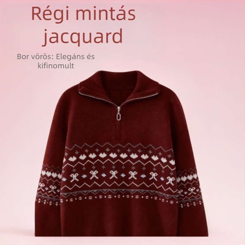 Vastag kötött pulóver poliészter anyagból, virágmintás, félnyitott nyakkal, hosszú ujjú