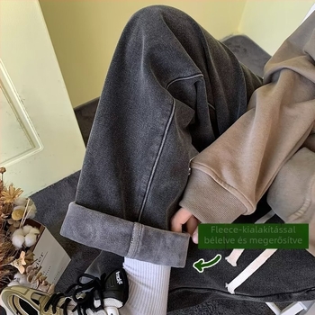 Férfi farmernadrág fleece-béléssel, középmagas derekú, egyenes szabású, poliészter anyagú