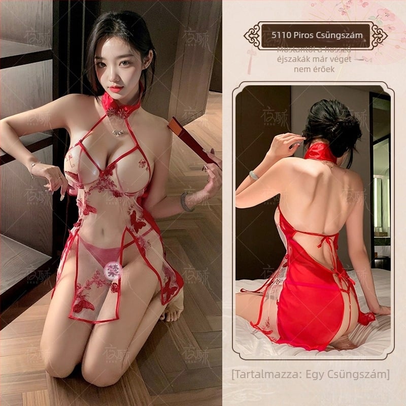 Sexy cheongsam-stílusú fehérnemű hálóing pillangó hímzéssel és átlátszó hálós anyaggal; poliészter, fő anyag 90-95%.