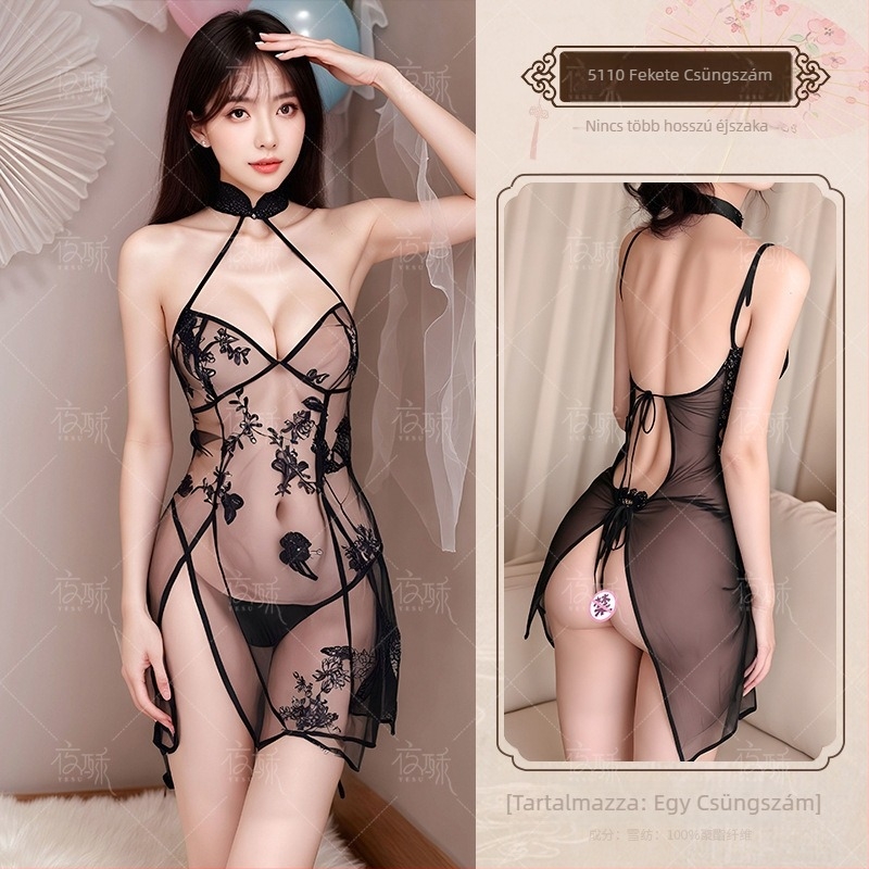 Sexy cheongsam-stílusú fehérnemű hálóing pillangó hímzéssel és átlátszó hálós anyaggal; poliészter, fő anyag 90-95%.