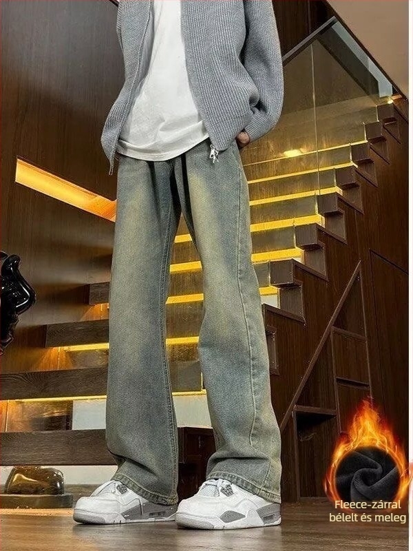 Férfi denim farmernadrág, fleece-béléssel, magas derekú, cipzáras zárás, egyenes szárú