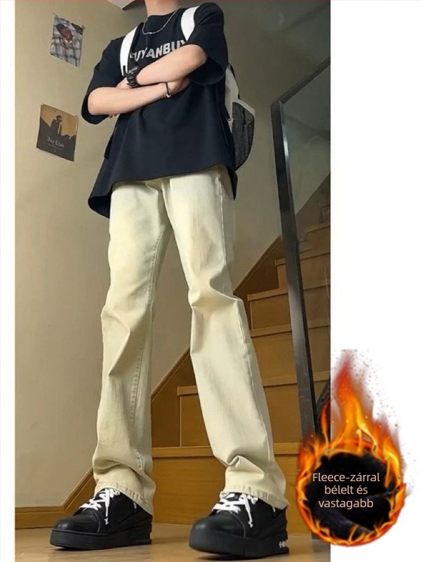 Férfi denim farmernadrág, fleece-béléssel, magas derekú, cipzáras zárás, egyenes szárú