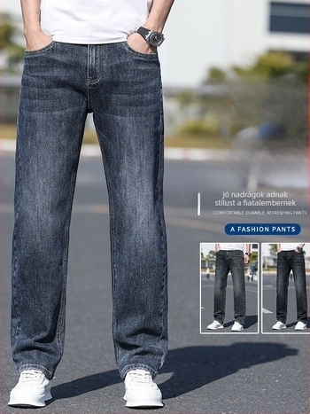 Férfi denim farmernadrág, egyenes szabású, középső derék, cipzáras, mosott