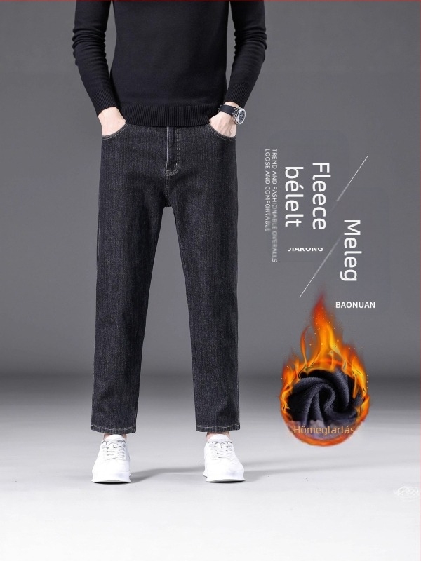 Férfi denimnadrág, egyenes szabás, téli fleece bélés, középső derék, enyhén rugalmas anyag