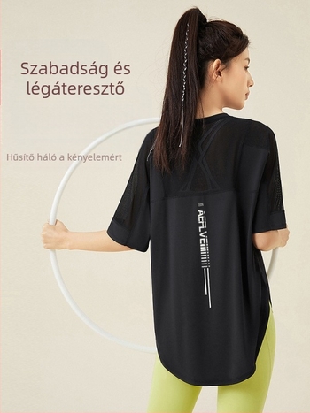 Női rövid ujjú jóga felső, gyorsan száradó poliészter-spandex keverék, szöveges mintázat, pull-over, A-vonalú szabás, mély kerek nyak, szabályos hossz