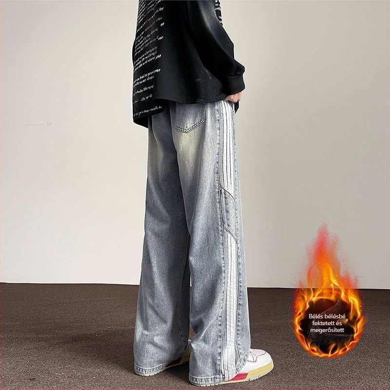 Férfi denim nadrág, egyenes szárú, laza szabás, fleecével bélelt, középmagas derékrész, húzózsinóros zárás