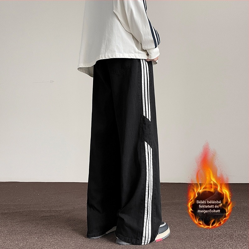 Férfi denim nadrág, egyenes szárú, laza szabás, fleecével bélelt, középmagas derékrész, húzózsinóros zárás