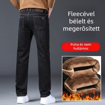 Férfi Denim Nadrág – elasztikus egyenes szabású, középmagas derekú, cipzáras záródás, felsővarrás, mosott hatás, pamut-poliészter-elasztán keverék