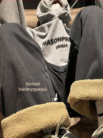 Fleece-béléssel ellátott farmernadrág denimből, lazán szabott egyenes szárú, középmagas derekú, téli nadrág, 75% pamut