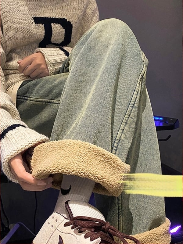 Fleece-béléssel ellátott farmernadrág denimből, lazán szabott egyenes szárú, középmagas derekú, téli nadrág, 75% pamut