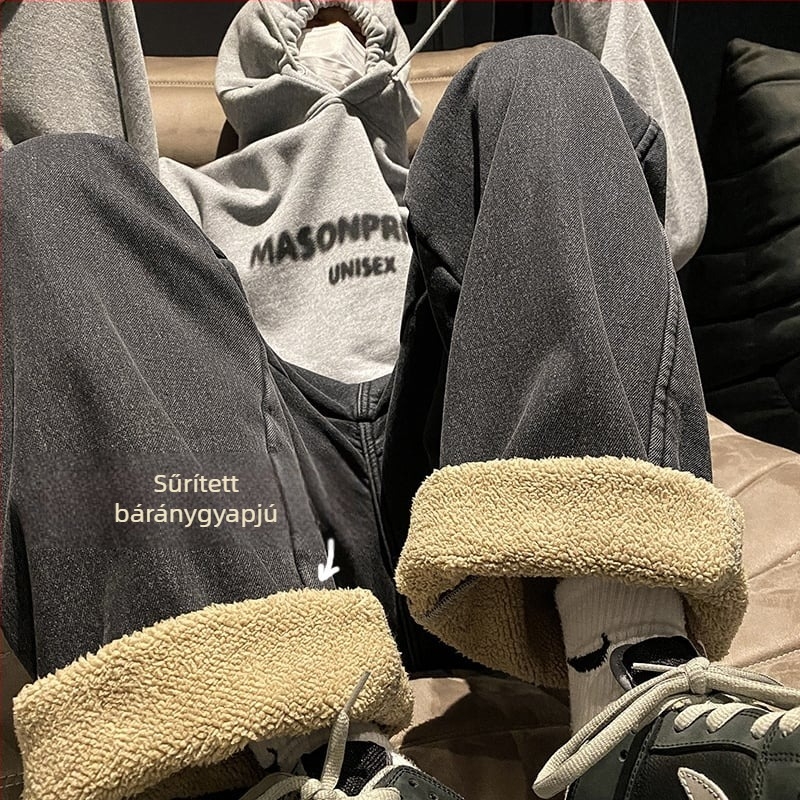 Fleece-béléssel ellátott farmernadrág denimből, lazán szabott egyenes szárú, középmagas derekú, téli nadrág, 75% pamut