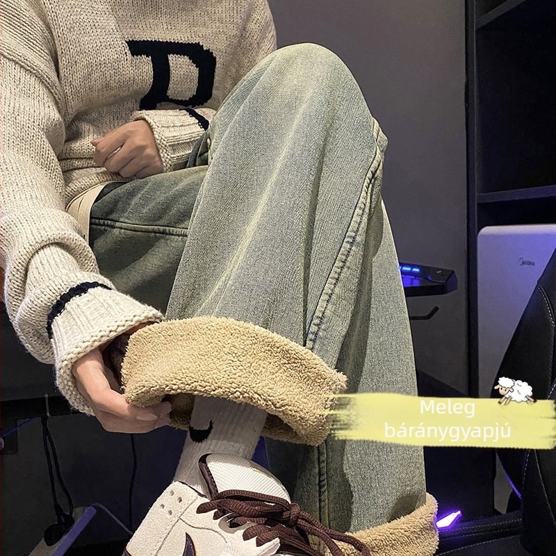 Fleece-béléssel ellátott farmernadrág denimből, lazán szabott egyenes szárú, középmagas derekú, téli nadrág, 75% pamut