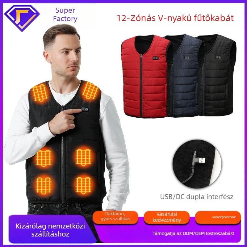 Pamut töltésű fűtő mellény, 12V fűtés, USB táplálás, V-nyakú, cipzár