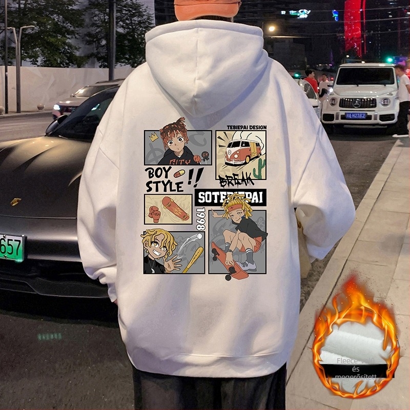 Pulóver/Sweatshirt – Amerikai retro stílusú kapucnis, laza szabás, 65% pamut / 35% poliészter