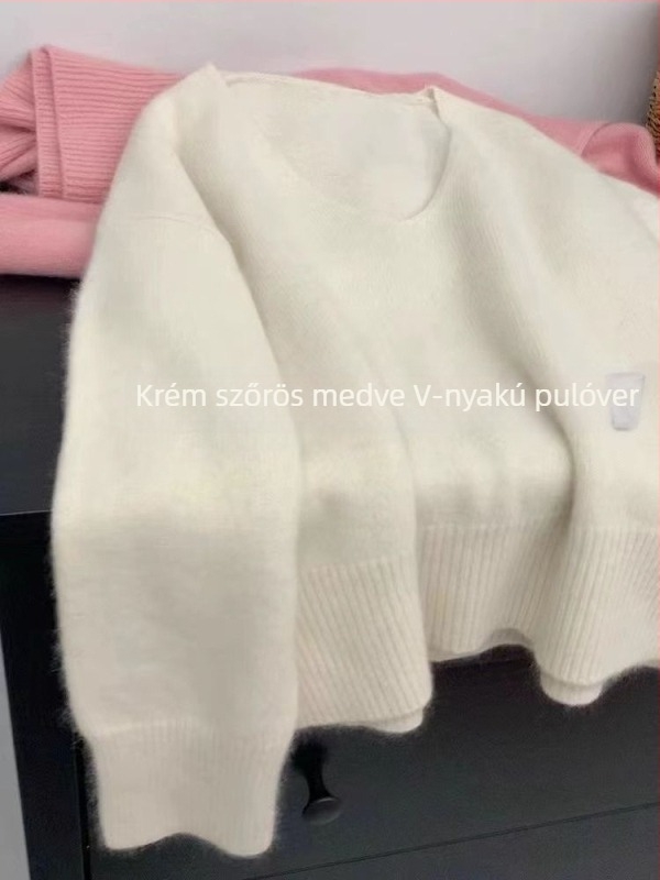 Bear Velvet kapucnis pulóver V-nyakú, vastag, japán-koreai casual stílus