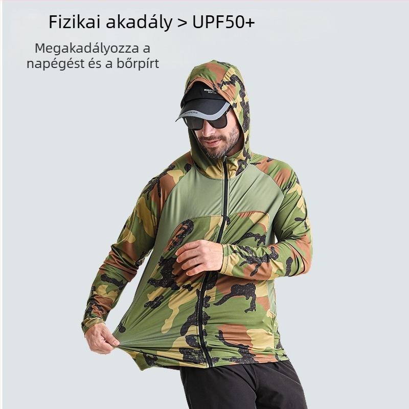 Kültéri szélvédő dzseki horgászathoz, kamuflált mintával, UPF50 UV védelem, gyorsan száradó, légáteresztő