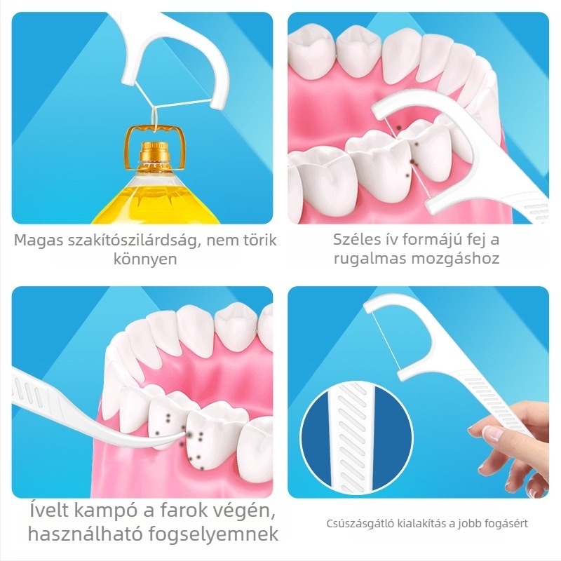 Dental floss pick – Pretty Magician, egyszer használatos, PS fogantyú, szál polietilén magas molekulatömegű, 100–200 db/csomag, 150 csomag a dobozban