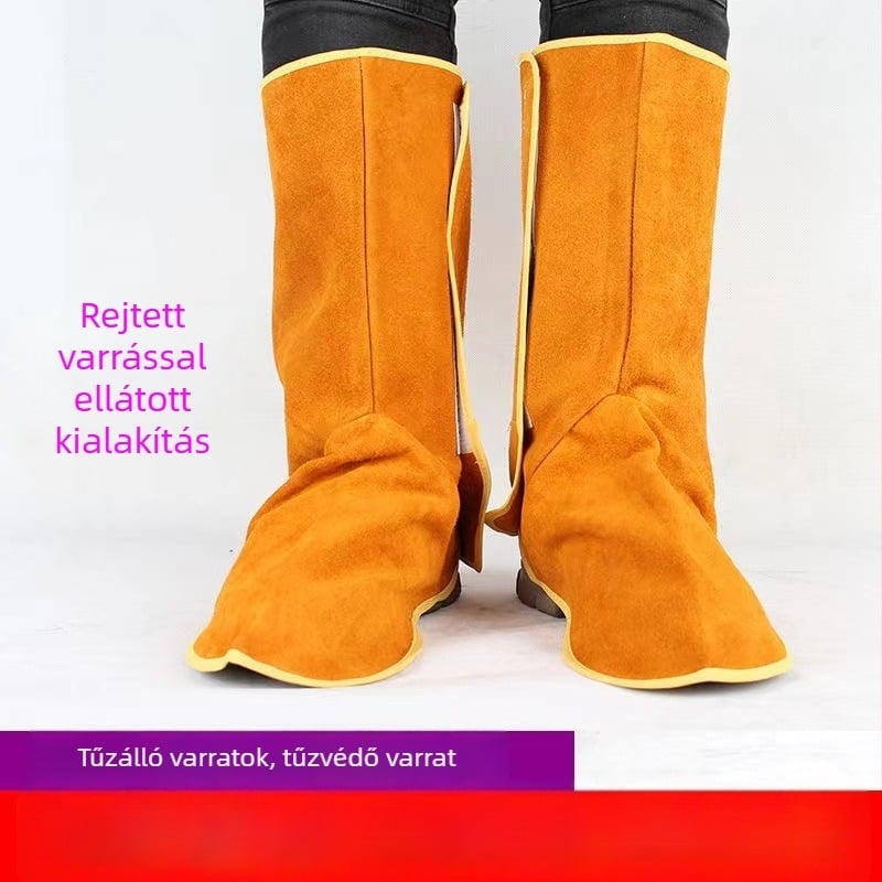 Tehénbőrből készült lábvédő hegesztéshez – hőszigetelt, kétszeres rétegű tehénbőr, lábvédő a hegesztőknek, megerősített hegesztő védelem