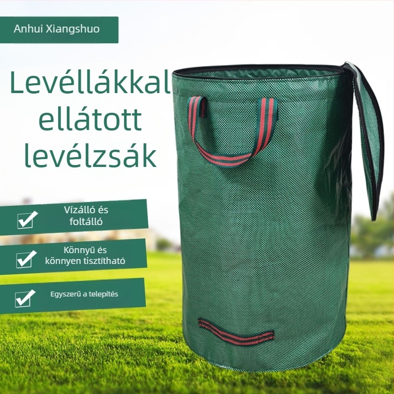 Kertgyűjtő zsák fedővel, vízálló műanyagból, 120–500 L kapacitású, környezetbarát, kerti hulladék gyűjtésére