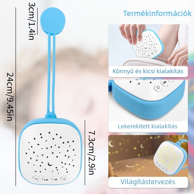 Baba alvást segítő hordozható fehér zaj készülék zenés funkcióval — kijelző nélkül, töltési verzió, akkumulátor nélkül