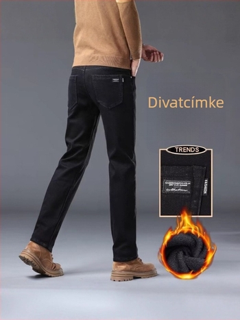 Denim farmer fleece-béléssel bélelt, egyenes szárú, középmagas derék, cipzáras, enyhe elasztikusság