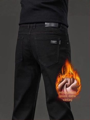 Denim farmer fleece-béléssel bélelt, egyenes szárú, középmagas derék, cipzáras, enyhe elasztikusság