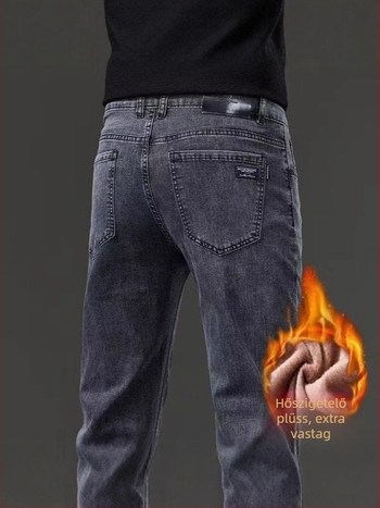 Denim farmer fleece-béléssel bélelt, egyenes szárú, középmagas derék, cipzáras, enyhe elasztikusság
