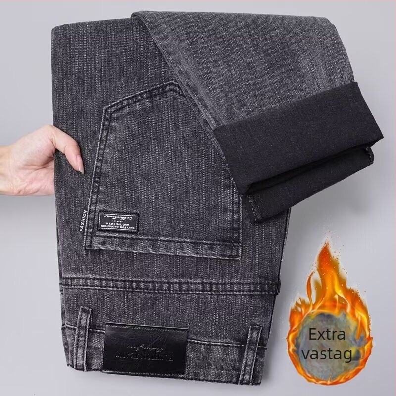 Denim farmer fleece-béléssel bélelt, egyenes szárú, középmagas derék, cipzáras, enyhe elasztikusság