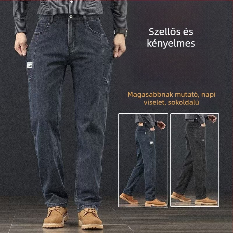 Férfi denim nadrág - egyenes szabás, enyhe nyújthatóság, középmagas derék, cipzáras zárás, hosszú nadrág