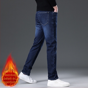 Denim farmernadrág férfiaknak, egyenes szárú, középmagas derekú, fleece-bélelt, cipzáras