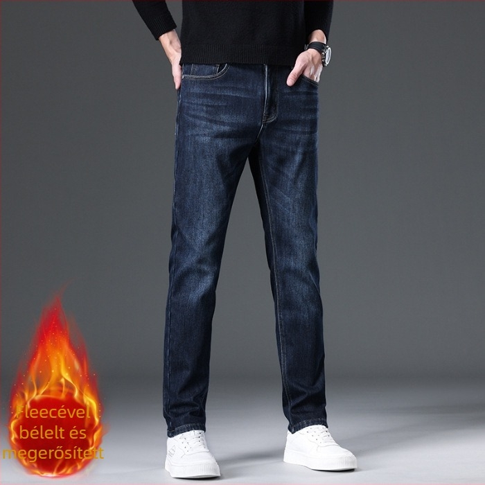 Denim farmernadrág férfiaknak, egyenes szárú, középmagas derekú, fleece-bélelt, cipzáras