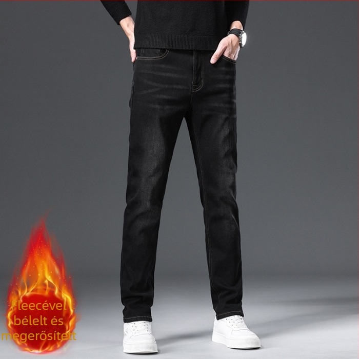Denim farmernadrág férfiaknak, egyenes szárú, középmagas derekú, fleece-bélelt, cipzáras