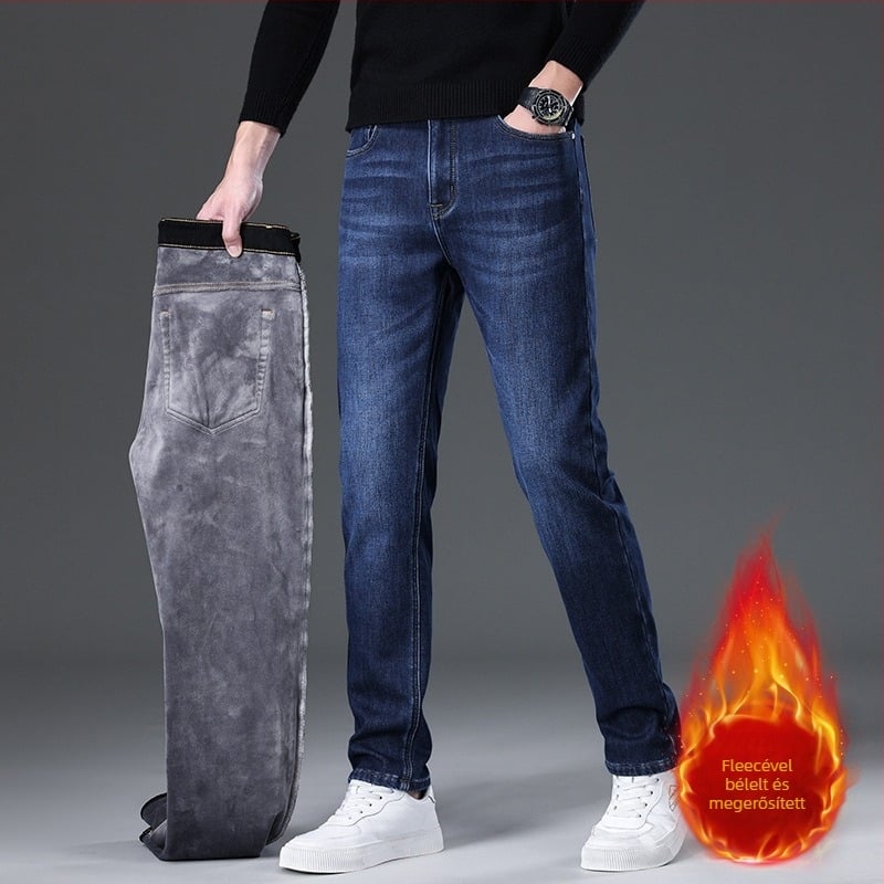 Denim farmernadrág férfiaknak, egyenes szárú, középmagas derekú, fleece-bélelt, cipzáras