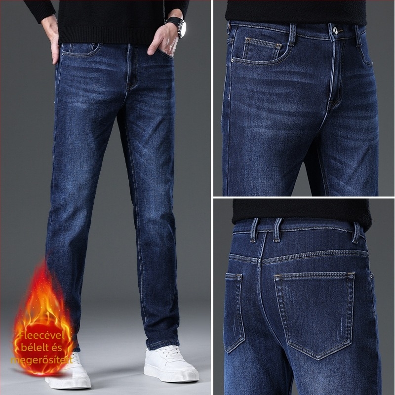 Denim farmernadrág férfiaknak, egyenes szárú, középmagas derekú, fleece-bélelt, cipzáras