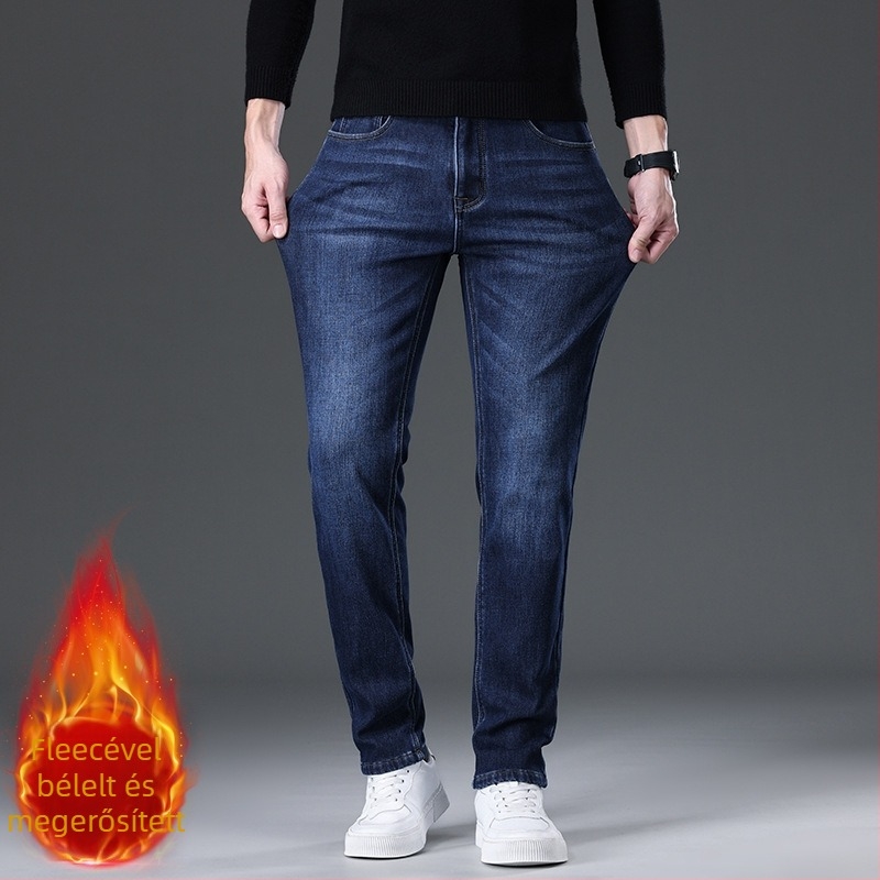 Denim farmernadrág férfiaknak, egyenes szárú, középmagas derekú, fleece-bélelt, cipzáras