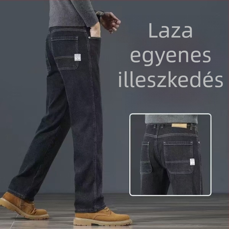 Farmernadrág egyenes szabású, középmagasságú derékrész, zipzáras, mosott felülettel