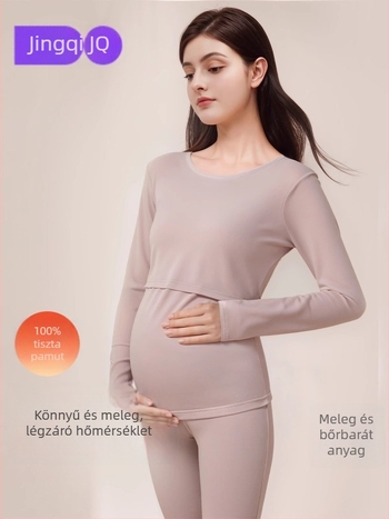 Pamut kismama pizsama készlet, két darabos, kerek nyak, hosszú ujjú, bő szabás, terhesség és szoptatás