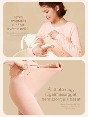 Pamut kismama pizsama készlet, két darabos, kerek nyak, hosszú ujjú, bő szabás, terhesség és szoptatás