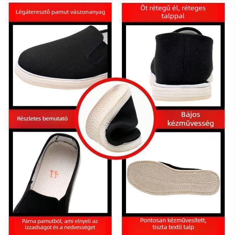 Férfi vászoncipő több rétegű talppal – pamut felsőrész, kerek orr, lélegző, lapos talp