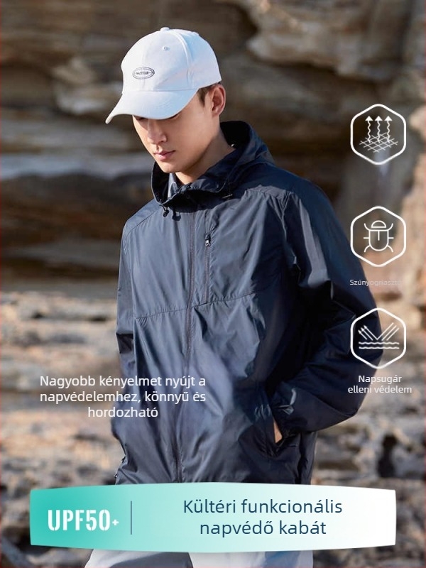 Uniszex napvédő szélkabát kapucnival, könnyű, lélegző, UPF50+