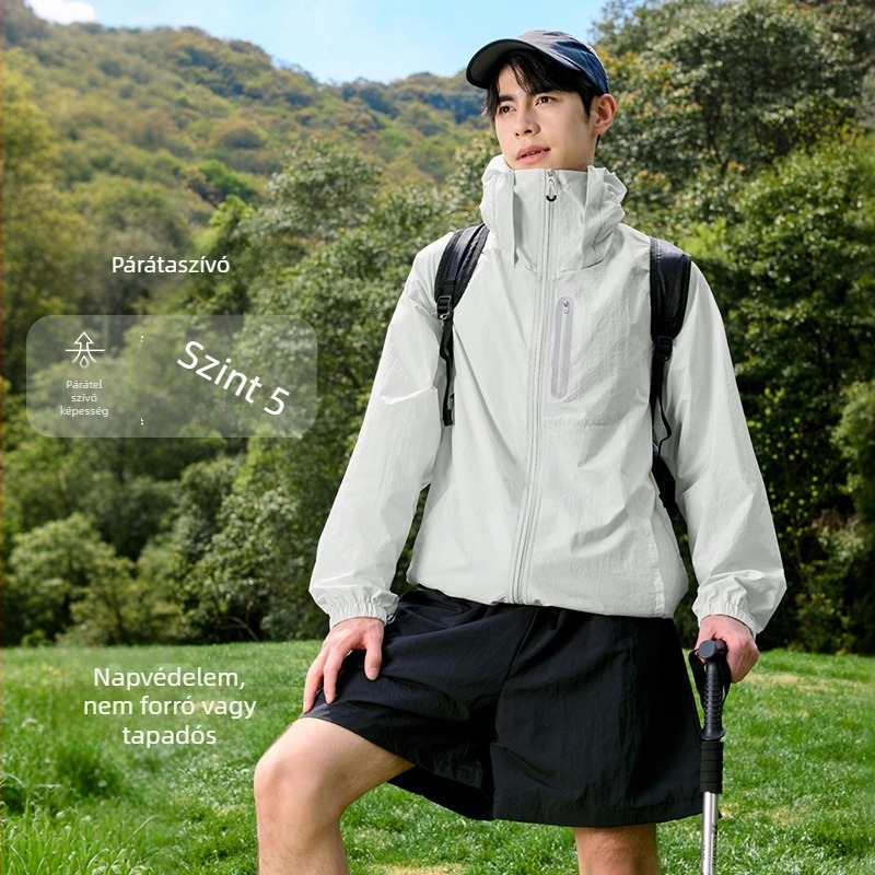 Kültéri szélálló kabát kapucnival, UPF50+ UV védelem, gyorsan száradó, légáteresztő, nylon anyag