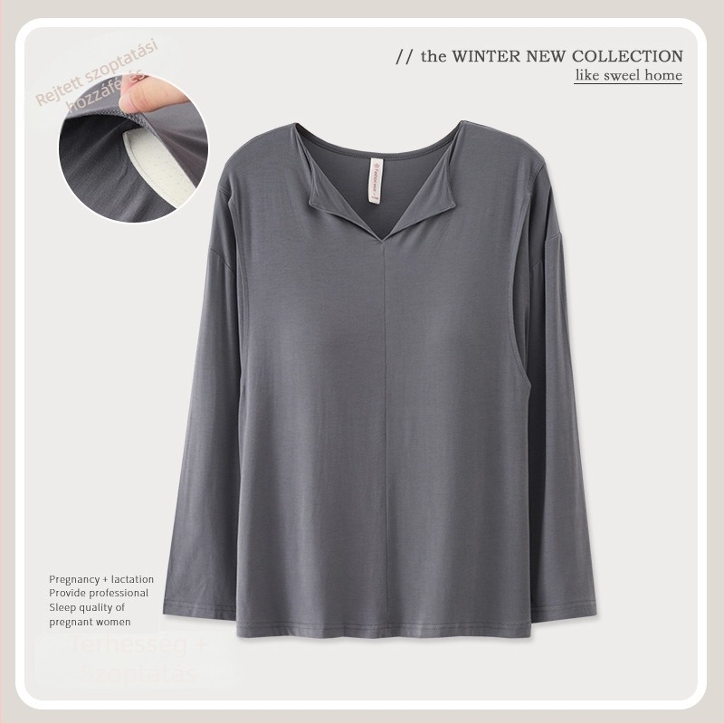 Modal szoptatós felső mellkasbetéttel, hosszú ujjú, V-nyakú, 95% viszkóz 5% spandex