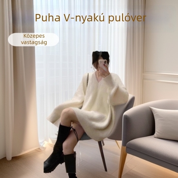 Mesterséges nercbőr pulóver, V-nyakú, laza szabású, közepes hosszúságú