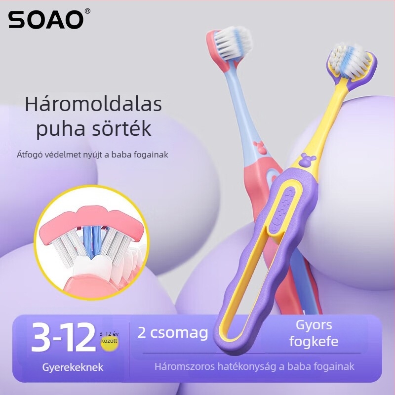 SOAO gyerekeknek szóló háromoldalas fogkefe — puha sörtéjű, 2 darabos készlet, kézi