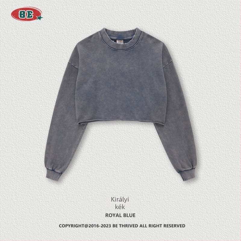 BE THRIVED Póló T‑Shirt – pamut, kerek nyakú, hosszú ujjú, rövid szabás, street hipster stílus