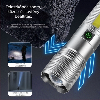 Alumíniumötvözetből készült zseblámpa, 9000mAh akkumulátor, 30W teljesítmény, lézeres fényforrás, hosszú hatótávolság min. 500 m