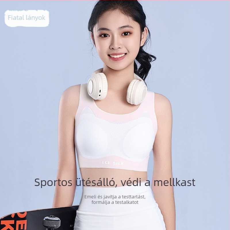 Nylon anyagú tinilányoknak szánt melltartó, hátul keresztpántos seamless, lélegző, nedvességelvezető, teljes kosár, vékony formázott kosár, rögzített dupla pántok